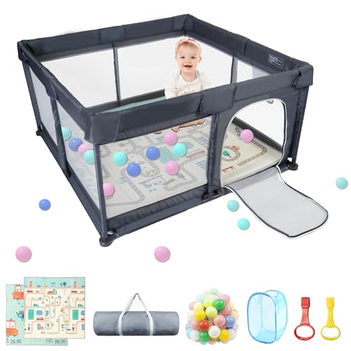 50″ x 50″ Baby Playpen, Baby Play Pen with Mat Portable Playpen for Babies and Toddlers for Indoor & Outdoor, Sturdy Safety Play Yard with Soft Breathable Mesh, Anti-Fall – DK. Grey