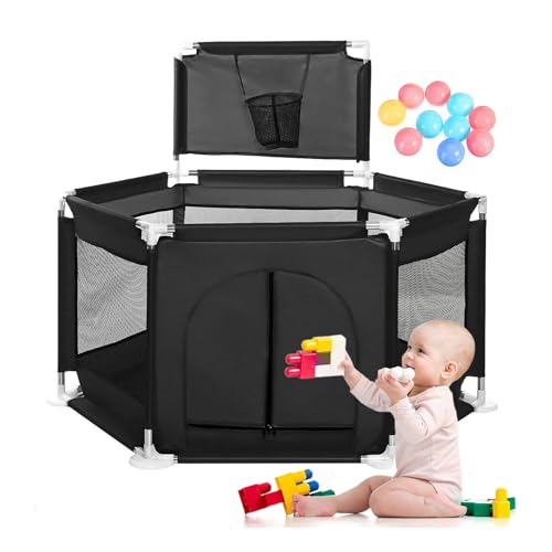 JNTKE Baby Playpen Baby Playard, 44.5″×51.2″ Playpen for Babies and Toddlers with Gate, Portable Foldable Safe Play Area, Indoor & Outdoor Kids Activity Center, Black