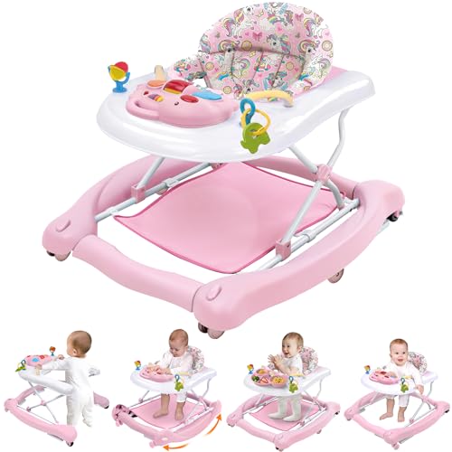 Foldable Baby 5-in-1 Activity Walker – Rocker, Activity Center, Bouncer, Seat Walker, Push Walker – Adjustable Speed Rear Wheels and Height Toys Ages 6-18 Months… (Pink)