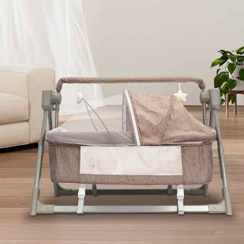 DRTONK Foldable Baby Cradle Swing, Baby Baby Swing, Automatic Swing Electric Crib Cradle, 5-Speed Music Crib Crib + Bluetooth, Suitable for Newborns 0-18 Months with 5 Swing speeds,Khaki