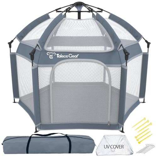 Baby Playpen with Canopy, Portable Indoor & Outdoor for baby and Toddler, Foldable Pop up Playpen, Play Yard with Travel Bag, 6 Ground Stakes, 6 Sand Stakes