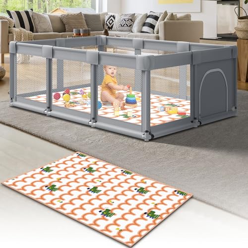 Fshibila 74″ ×50″ Large Baby Playpen, Baby Playard for Babies and Toddlers, Baby Fence Play Pens for Indoor & Outdoor, Sturdy Safety Play Yard with Soft Breathable Mesh, Anti-Fall, Grey (with Mat)