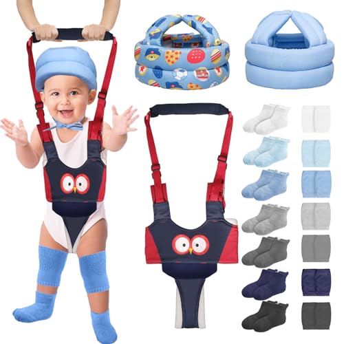 17 Pcs Baby Safety Helmet Set Baby Walking Harness with Anti Slip Knee Pads Crawling Toddler Socks 2 No Bumps Baby Head Protector 1 Adjustable Walking Assistant for 6-36 Months Infant