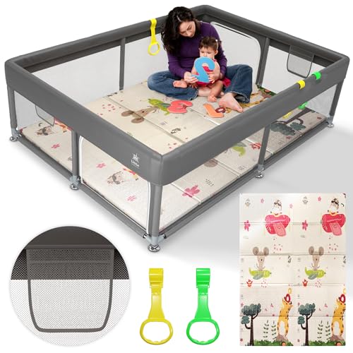 Little Generation Baby Playpen with Mat Included – Durable Baby Play Yard with 2 Playpen Pull Up Rings, 2 Toy Storage Nets, and Non Slip Bottom Suction – Large Playpen for Babies and Toddlers, 71″x59″