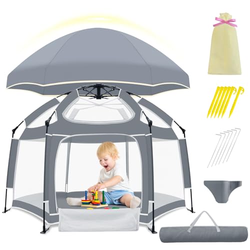 EASYVAVA Baby Playpen with Canopy, Indoor Outdoor Playpen for Baby, Portable Baby Beach Tent, Foldable, Lightweight, Pop Up Pack and Play Toddler Play Yard w/Canopy and Travel Bag – Grey