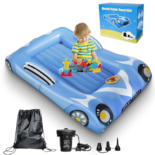 Cupluw Toddler Air Mattress, Inflatable Toddler Travel Bed with 4 Sides, Portable Racecar Kids Bed Toddler Blow up Mattress Twin Set with Electric Pump for Camping Traveling Hotel Home (Blue)