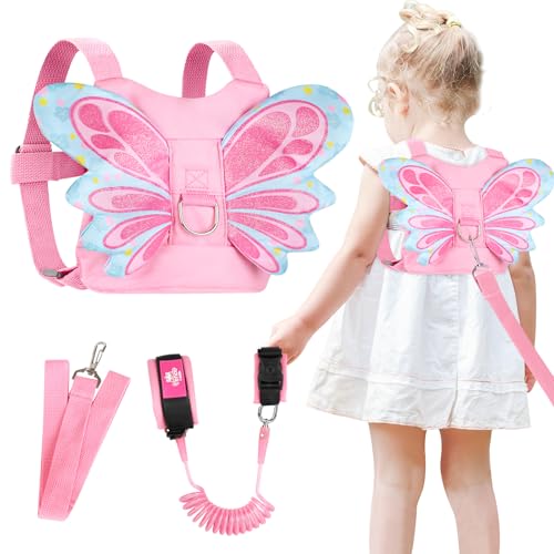 Toddlers Leash for Walking + Key Lock Design Anti Lost Wrist Link, 3 in 1 Baby Leash Kids Wrist Link for Toddlers, Safety Harness Belt Strap Wristband (Pink Butterfly Girls Leash)