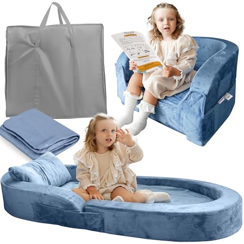 Sleepah Toddler Travel Bed & Chair – Foam Raised Safety Bumpers (55″ x 26″ x 8″) – Foldable Portable Travel Cot for Children 18M – 6 Years Old for At Home or On The Go with Sheet Pillow & Case (Blue)