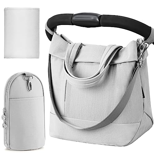 Diaper Bag Tote Large Travel Fashion Crossbody For Monther,Mommy Bags Outdoor Handbags With Insulated Bag And Changing Pad(LightGrey)