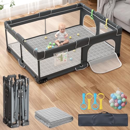 Foldable Baby Playpen, Large Baby Play Pen with Mat,Portable Playpen for Babies and Toddlers, Play Yard Indoor & Travel, Baby Gate Play Pen with Ocean Balls*30, Handlers*4 (71″×59″, Grey)