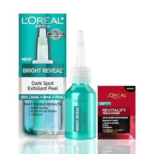 L’Oreal Paris Bright Reveal Dark Spot Exfoliant Peel, 25% AHA BHA PHA Face Exfoliator Solution, Gentle Skincare to Visibly Reduce Dark Spots and Renew Skin Texture, Includes SPF Lotion Sample