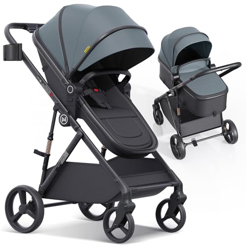 newyoo Baby Bassinet Stroller, Convertible Infant Strollers w Reversible Seat & Cup Holder, 3-in-1 Rear-facing Pram from newborn to Toddler, One-hand Easy Fold, Coches Para Bebes, Revo C10, Grey