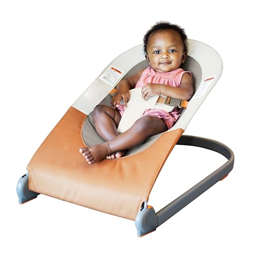 Boon Slant Portable Baby Bouncer – Folding Baby Seat for Infants – Lightweight Portable Baby Chair with Machine Washable Fabric and 3-Point Harness – Tan