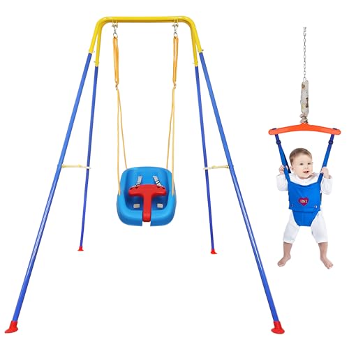 3 in 1 Extra High Toddler Swing Set, 69”(H) Baby Swing & Jumper for Outdoor Indoor Play, Baby Bouncer Jumper with Safety Seat, Foldable Metal Stand