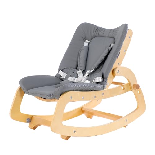 MallBest 3-in-1 Baby Bouncer Adjustable Wooden Rocker Chair Recliner with Removable Cushion and Seat Belt for Infant to Toddler (Grey)