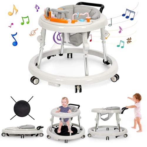 NVW Music and Lights Baby Walker Foldable with 9 Adjustable Heights, Baby Walker with Wheels Portable, Baby Walkers and Activity Center for Boys Girls Babies 7-18 Months (NEW-WHITE)