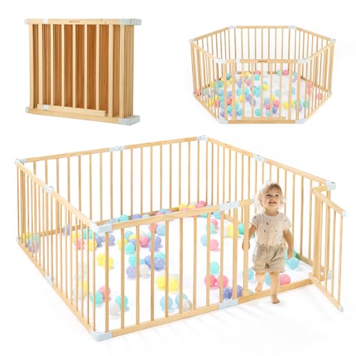 Wooden Baby Playpen with Door, Changeable & Expandable Baby Play Fence for Toddlers, Large Wood Playpen Safety Baby Gate Playard, Safe Play Area Kids Activity Center Indoor Outdoor(26″ Tall, 8-Panel)