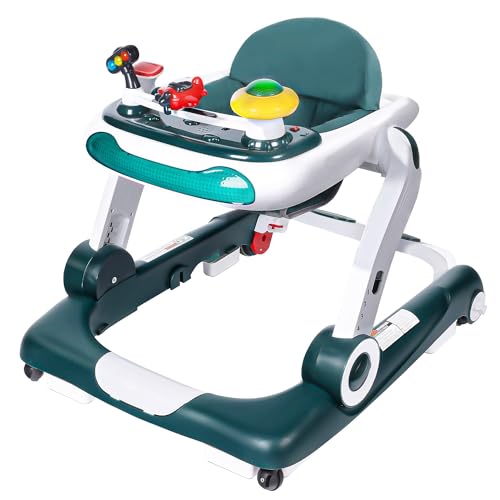 Kinder King Baby Walker with Music & Lights, 5 in 1 Baby Bouncer Activity Walker, Adjustable Height & Seat, Learning-Seated & Toddler Walk-Behind, Safety Bumper, Infant Walker Anti-Rollover, Green