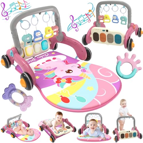 Baby Play Mat Walker, Multifunctional Baby Activity Center with Kick and Play Piano Gym for Baby 0-3-6-9-12 Months, Tummy Time Mat for walker for baby girl boy 6-12 months(Pink)