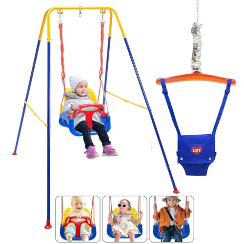 Toddler Swing Set, 3-in-1 Baby Swing Outdoor/Indoor, Toddler Swing&Jumper with Foldable Metal Stand, Baby Swing Outdoor for Aged 6 Months to 10 Years Old