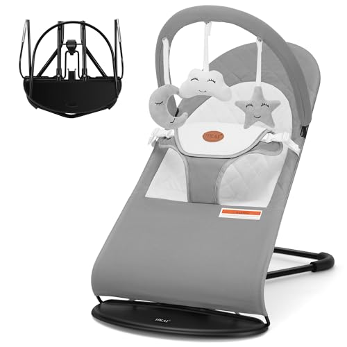 HKAI Baby Bouncer, Portable Baby Bouncer Seat for babies 0-18 months, 100% Cotton Fabrics, 3 Modes of use with Rocker and Stationary Options, Infant Rocker Chair with Hanging Toys-Light Grey