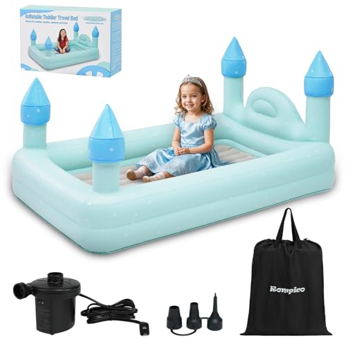 ROMPICO Inflatable Toddler Travel Bed with Safety Bumper,Portable Castle Toddler Bed Air Mattress with 4 Sides for Kids, Ideal for Vacation,Camping and Sleepover,Electric Pump Included (Blue, Regular)