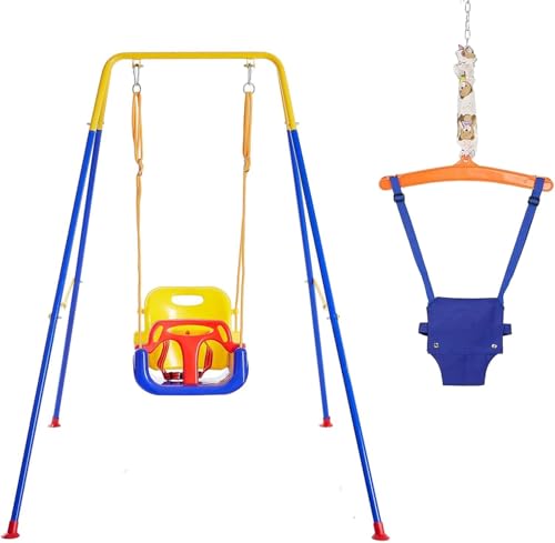 Trulpro 4 in 1 Toddler Swing & Jumper Set, Baby Swing & Bouncer for Outdoor Indoor Play, Baby Bouncer Jumper with Safety Seat, Foldable Metal Stand(61 inch High)