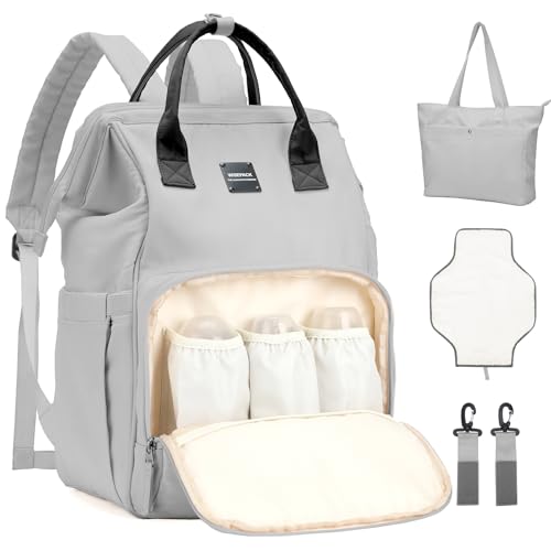 Diaper Bag Backpack ,Multifunction Large Travel Diaper Bag with Changing Pad for Moms Dads Maternity Baby Changing Bags Waterproof Unisex Baby Bag with Changing Pad,Tote Bag, Stroller Straps, Grey