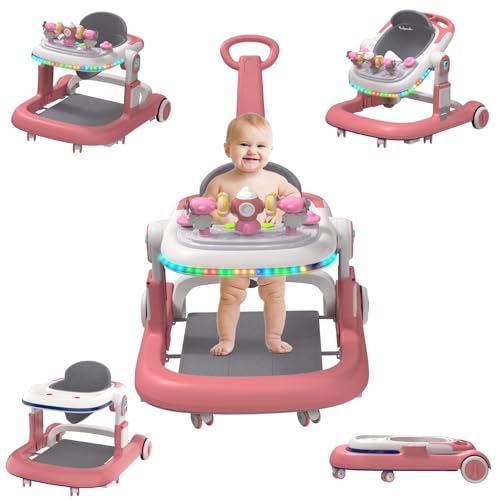 Baby Walker, Baby Walker with Wheels and LED Light, 4 in 1 Foldable Baby Walker, Adjustable Speed and 3 Height for Baby Girl and Baby Boy, Baby Walkers for Babies 6-18 Months