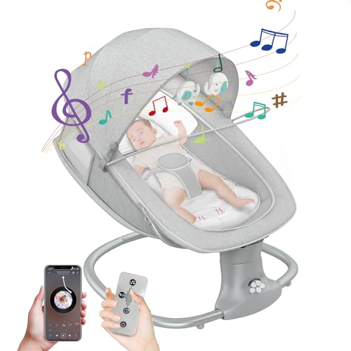 Baby swings for infants, Electric Remote Control Baby Bouncer, Portable Infant Swing for Baby Boy Girl with 15Lullabies,5 Speeds,Bluetooth, Adapter & Battery Operated, Indoor & Outdoor Use