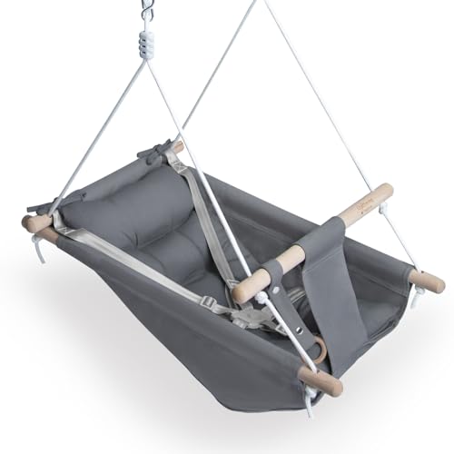 Baby Swing for Baby and Toddler, Canvas Baby Hammock Swing Indoor and Outdoor with Safety Belt and Mounting Hardware, Wooden Hanging Swing Seat Chair for Baby up to 3 Years – Grey