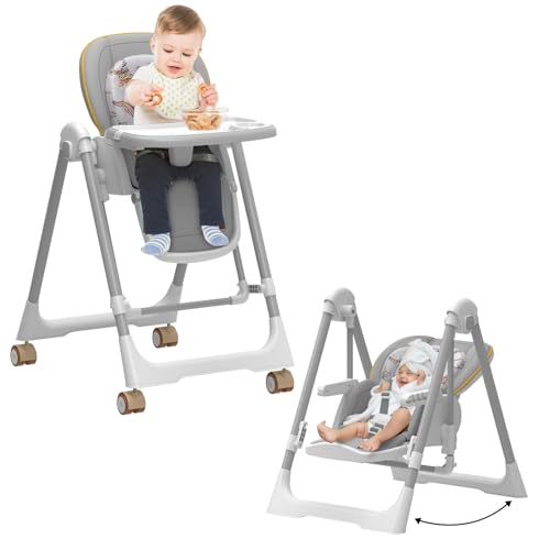 Rabbit Rustler High Chairs for Babies and Toddlers, Baby Swings for Infants, Foldable High Chair with Wheels，5 Adjustable Height, 4-Position Backrest, 3 Footrest Positions, Double Removable Tray(Grey)