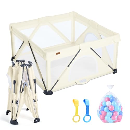 Jimglo Baby Playpen Foldable, Playard for Babies and Toddlers, Portable Playpen Activity Center with 50 Balls+2 Handles for Travel, Indoor & Outdoor Play Pen with Mesh 50”x50”(Beige)