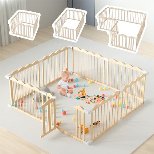 Baby Playpen, Wooden Playpen for Babies and Toddlers, Large Adjustable Wooden Baby Playpen with Locking Gate, Easy to Assemble, Portable Playpen, Baby Fence Play Area(47x62x24 Inch)