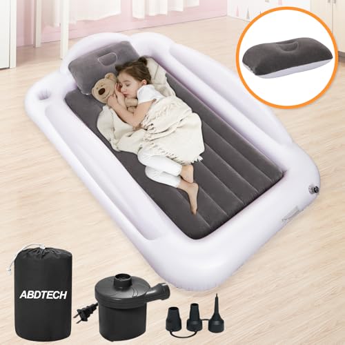 Abdtech Inflatable Toddler Travel Bed – Portable Toddler Kids Travel Bed with Safety Sides Complete Kids Air Mattress Set with High-Speed Pump, Ideal for Vacation Camping and Sleepover (60 Inches)