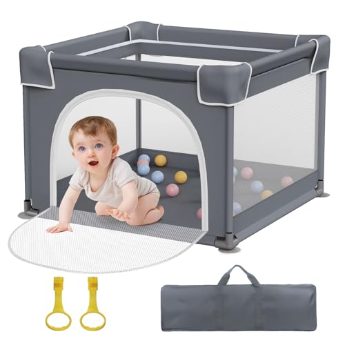 Jixrolyn Playpens for Babies and Toddlers, Small Baby Playpen with Soft Breathable Mesh, Small Baby Play Yard with Anti-Slip Base, Baby Fence Play Area with Pull-up Ring 36″x36″