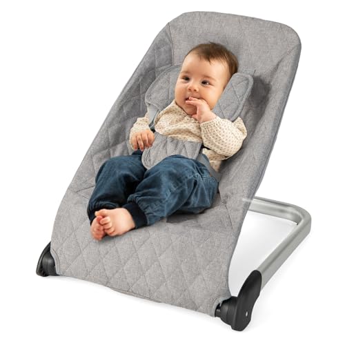 HONEY JOY Baby Bouncer, Portable Folding Infant Newborn Stationary Seat with Vibrations, Safety Harness, Machine Washable Fabric, Bouncer Seat for Babies 0-6 Months up to 20 lbs (Light Gray)