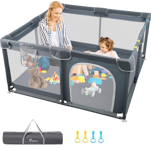 LFCREATOR Kids Playpen for Babies and Toddlers, Large Square Baby Playpen Indoor & Outdoor Use, Easy Assembly Baby Fence with Breathable Mesh, Portable Baby Play Yard 50″x50″-Grey.