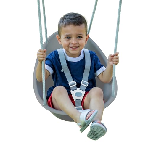 Swurfer Coconut Toddler Swing – Comfy Baby Swing Outdoor, 3- Point Adjustable Safety Harness, Secure, Safe Quick Click Locking System, Blister-Free Rope, Easy Installation, Ages 6-36 Months, Gray