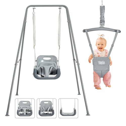 FUNLIO 2 in 1 Swing Set for Toddler & Baby Jumper, Heavy Duty Kids Swing & Bouncer with 4 Sandbags, Foldable Metal Stand for Indoor/Outdoor Play, Easy to Assemble and Store – Grey