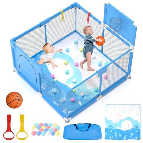 Baby Playpen, 50″×50″ Play Yard for Baby Play Pen Set, Baby Fence with Basketball, Balls, Rings, Mat, Playpen Gym for Toddlers Babies Indoor Outdoor Play Kids Activity Center