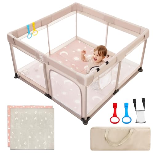 Joypony 4 in 1 Baby Playpen with a Mat, 50″x50″ Large PlayPen for Babies and Toddlers, Outdoor Baby Play Yard for Baby Activity Center, Sturdy Safety Baby Fence with Breathable Mesh and Anti-Slip Base