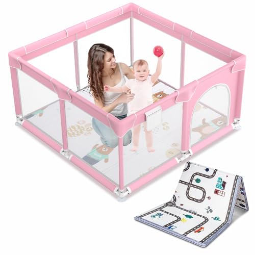 Suposeu Baby Playpen with Mat, Indoor & Outdoor Playard Kids Activity Center with Gate, Sturdy & Safety Baby Fence with Soft Breathable Mesh for Toddler, Pink