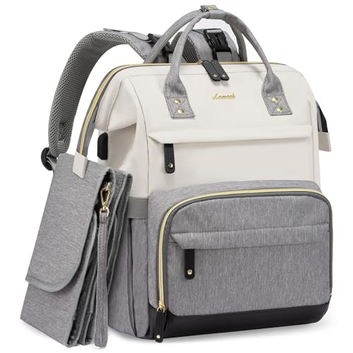 LOVEVOOK Diaper Bag Backpack, Baby Bag with Changing Station, Large Diaper Backpack for Moms Dads, Waterproof Leather Accents Baby Boy and Girl Bag for Travel Baby Essentials, Grey-Beige