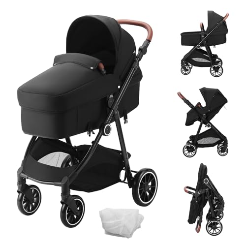 VEVOR Standard Baby Infant Stroller, Toddler Stroller with 95°-150° Adjustable Backrest & & 0/90°Adjustable Footrest & One-Click Folding, Newborn Stroller with Cup Holder and Carry Bag, Black