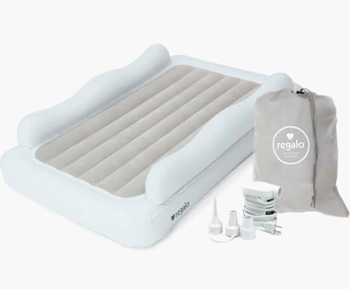 Regalo Inflatable Toddler Travel 2-Sided Bed Rail Bumpers and Handles, Award Winning Brand, Pump and Carry Bag Included Air Mattress, Cot, White