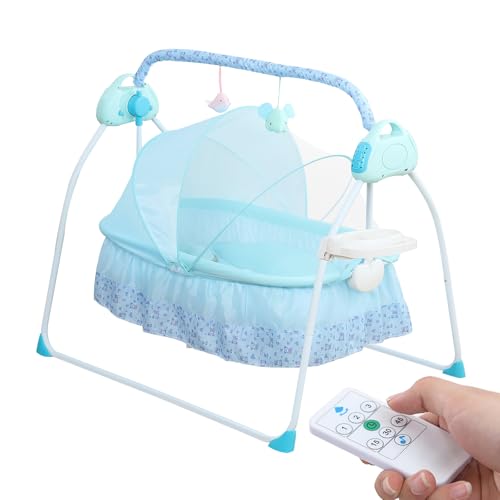 BENTFL Electric Baby Swing, Remote Control Timing Electric Baby Rocking Cradle, Portable Baby Crib Cradle with Bluetooth-USB-12 Songs for Infants 0-18 Month(Blue)