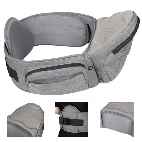 BIUSIKAN Hip Seat Baby Carrier, New Ergonomic Surface Design, Adjustable Waistband w/Lumbar & Back Support, Ergonomic Carrier w/Multiple Pockets for Newborns & Toddlers up to 45lbs(Grey)