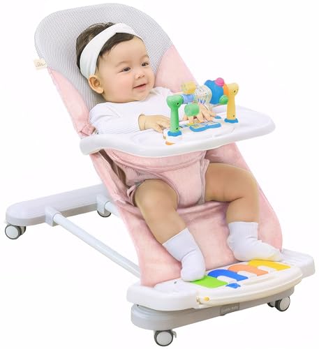 CuddoBaby Baby Bouncer 4-in-1 with Wheels, Detachable Piano, Feeding Tray, Play Bar, Thick Base. 3-Level Incline Portable Seat for Infant to Toddler 0-6, 0-12, 12-24 Months, Upto 29Lbs. Unisex – Pink