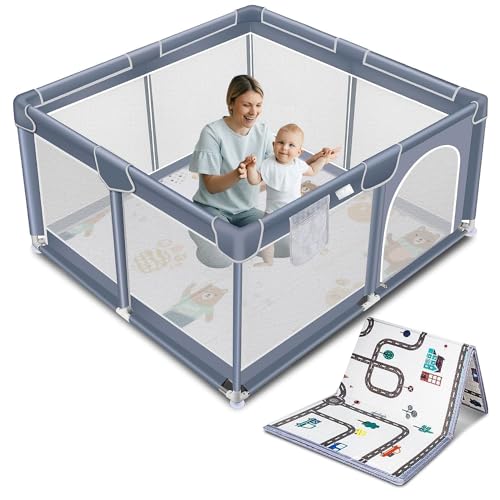 Suposeu Baby Playpen with Mat, Portable Baby Play Yard for Toddler, Safety Baby Gate playpen with Soft Breathable Mesh, Indoor and Outdoor, Large Kids Activity Centery (50 Inch×50 Inch, Grey)